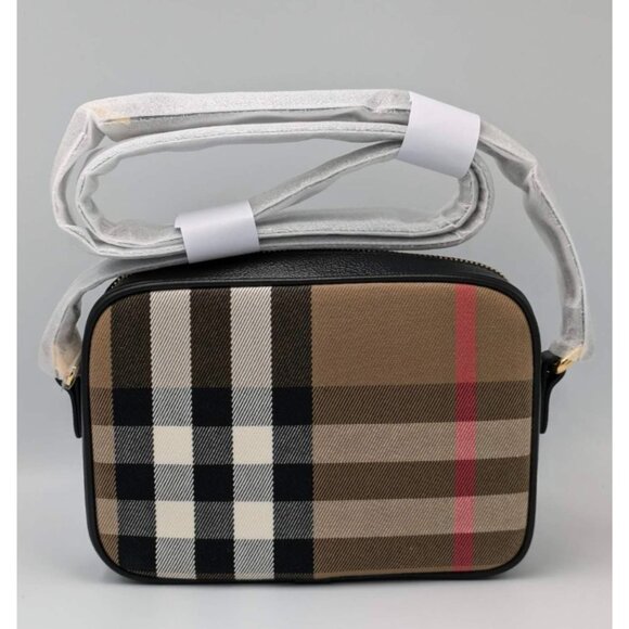 Burberry Small Camera Check Leather Canvas Crossbody Bag Black 8085080 - Picture 3 of 13